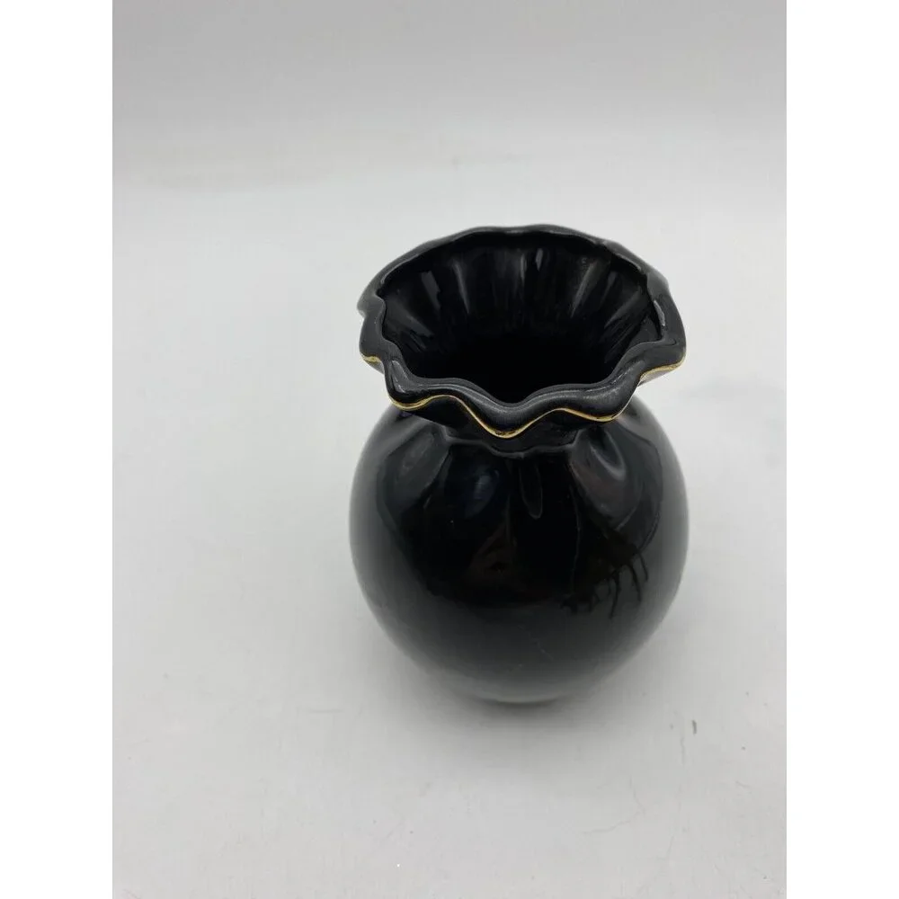 Vintage Japanese Black Floral Ceramic Vase‎ Ruffled Rim Gold Trim Cottagecore